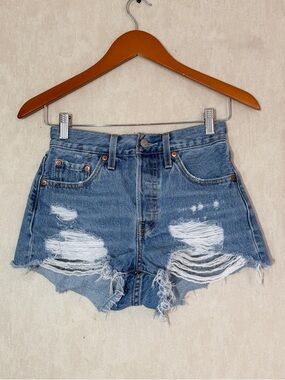 Levi’s Women’s 501 Original Fit High Rise Jean Short Distressed in Med Wash 24
